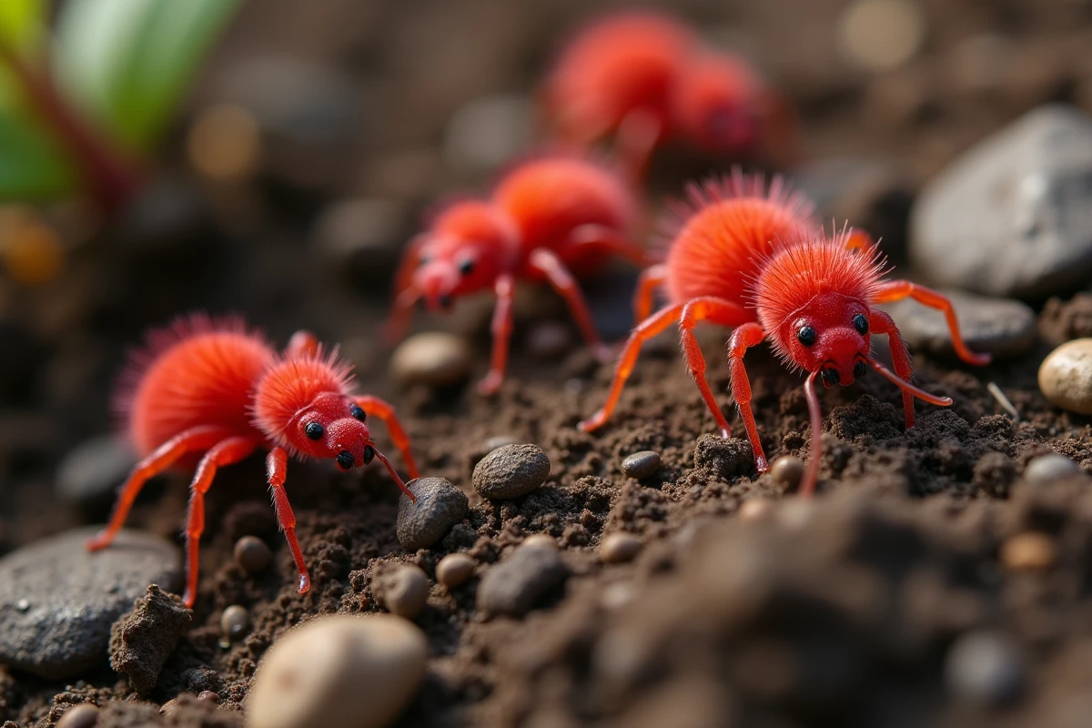 Gros plan sur de petits acariens rouges veloutés se déplaçant sur la terre d'un jardin