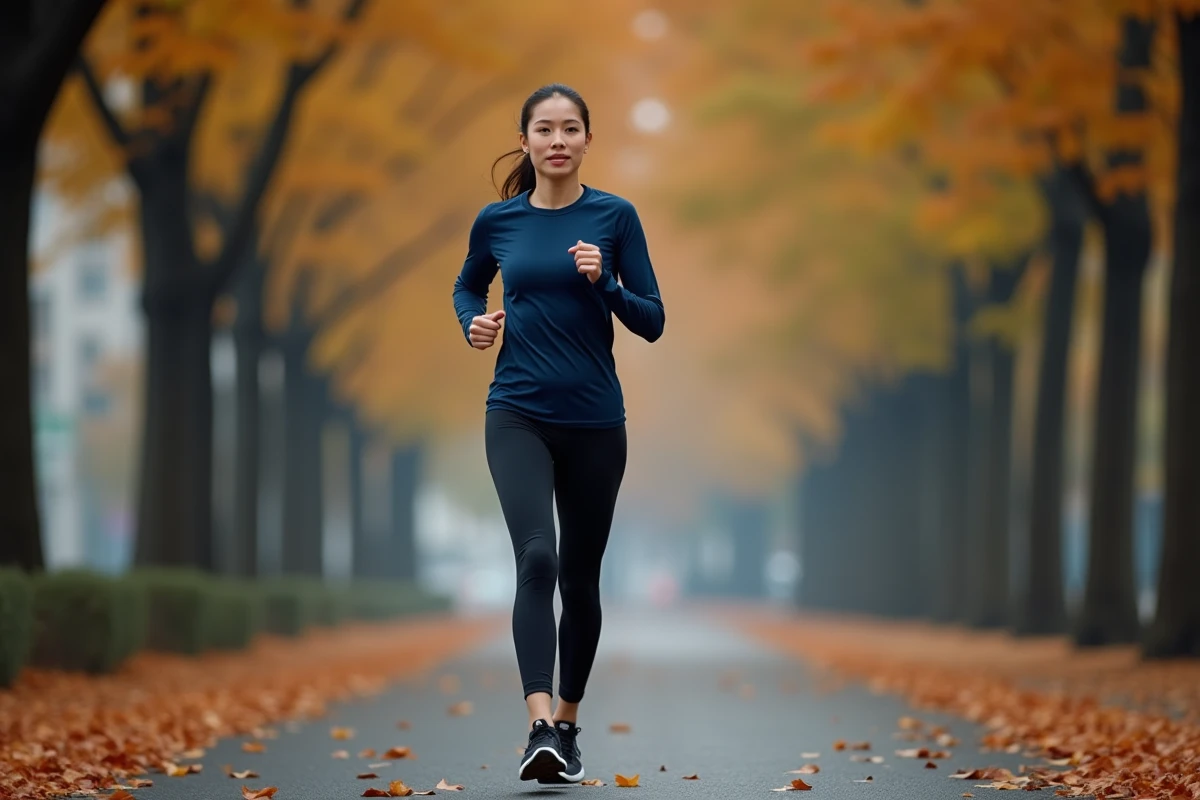 Femme courant en endurance sur un chemin urbain en automne, illustrant l'activité aérobie en sport