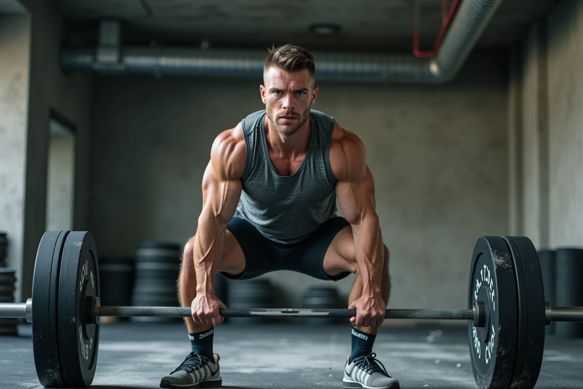 Athlète masculin réalisant un squat avec barre dans une salle de sport, illustrant l'effort anaérobie intense