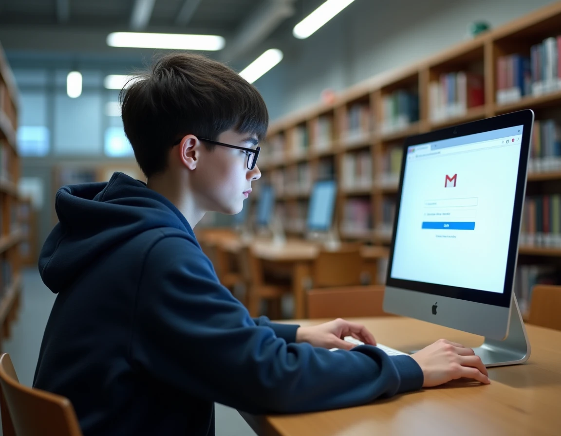 Adolescente criando uma conta Gmail em um computador de biblioteca pública