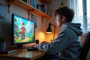 Adolescent jouant à Lego Le Hobbit sur console avec des codes de triche affichés à l'écran