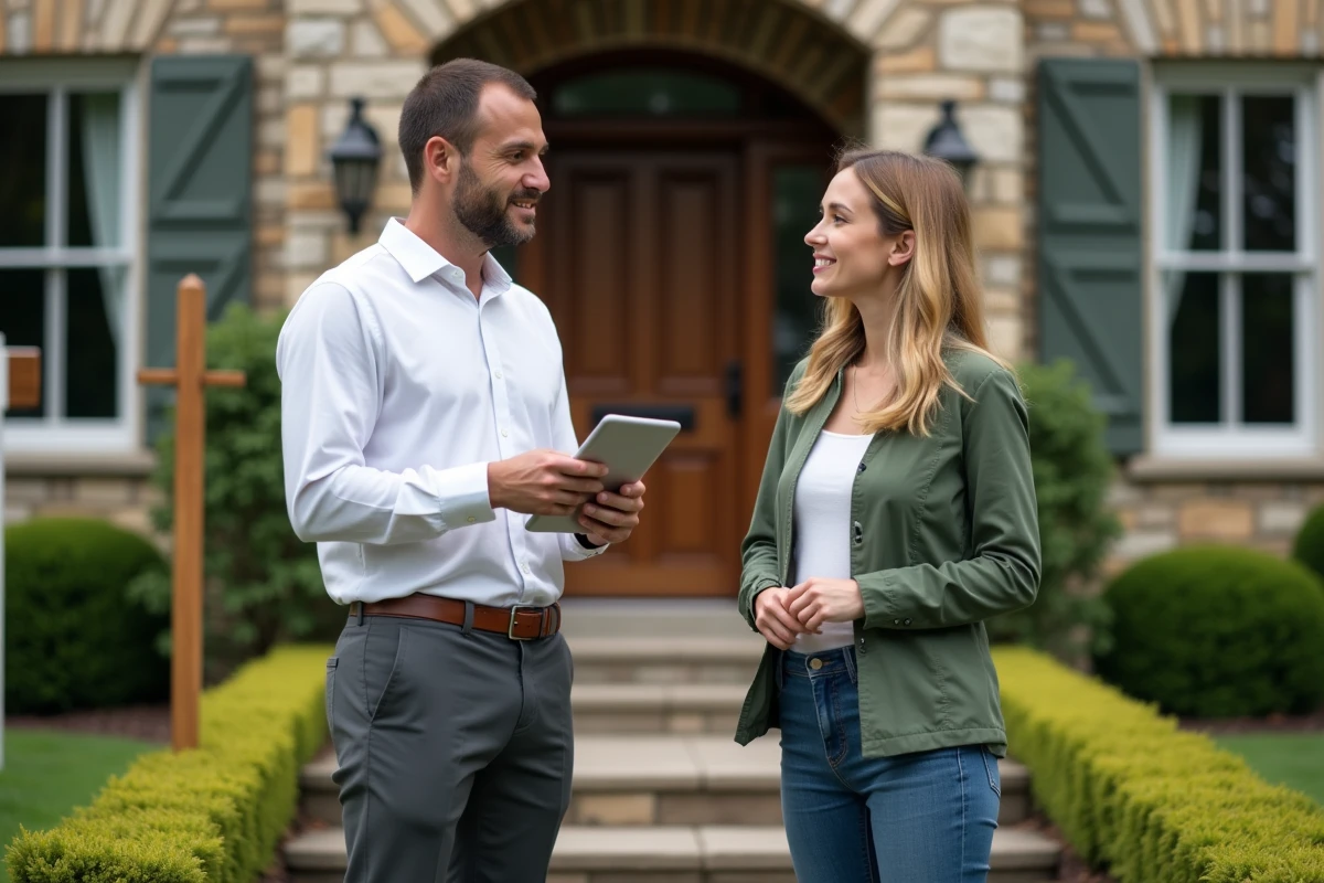 Agent immobilier présentant une maison en pierre à vendre à une cliente devant la façade extérieure
