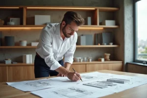 Architecte français examinant des plans de construction dans un bureau moderne, illustrant le marché des constructeurs de maisons en France
