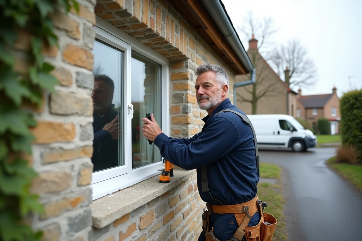 Artisan posant une fenêtre en PVC triple vitrage sur une maison en pierre dans le cadre d'une rénovation énergétique éligible aux aides fiscales