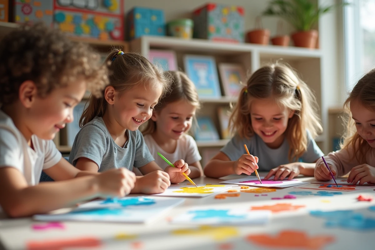 Enfants en atelier créatif dans une salle de jeu