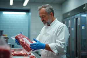 Boucher en tablier blanc inspectant un emballage de viande avec étiquette de traçabilité dans un laboratoire de découpe de supermarché
