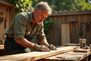Charpentier ponçant une planche de bois de teck imputrescible dans un atelier extérieur