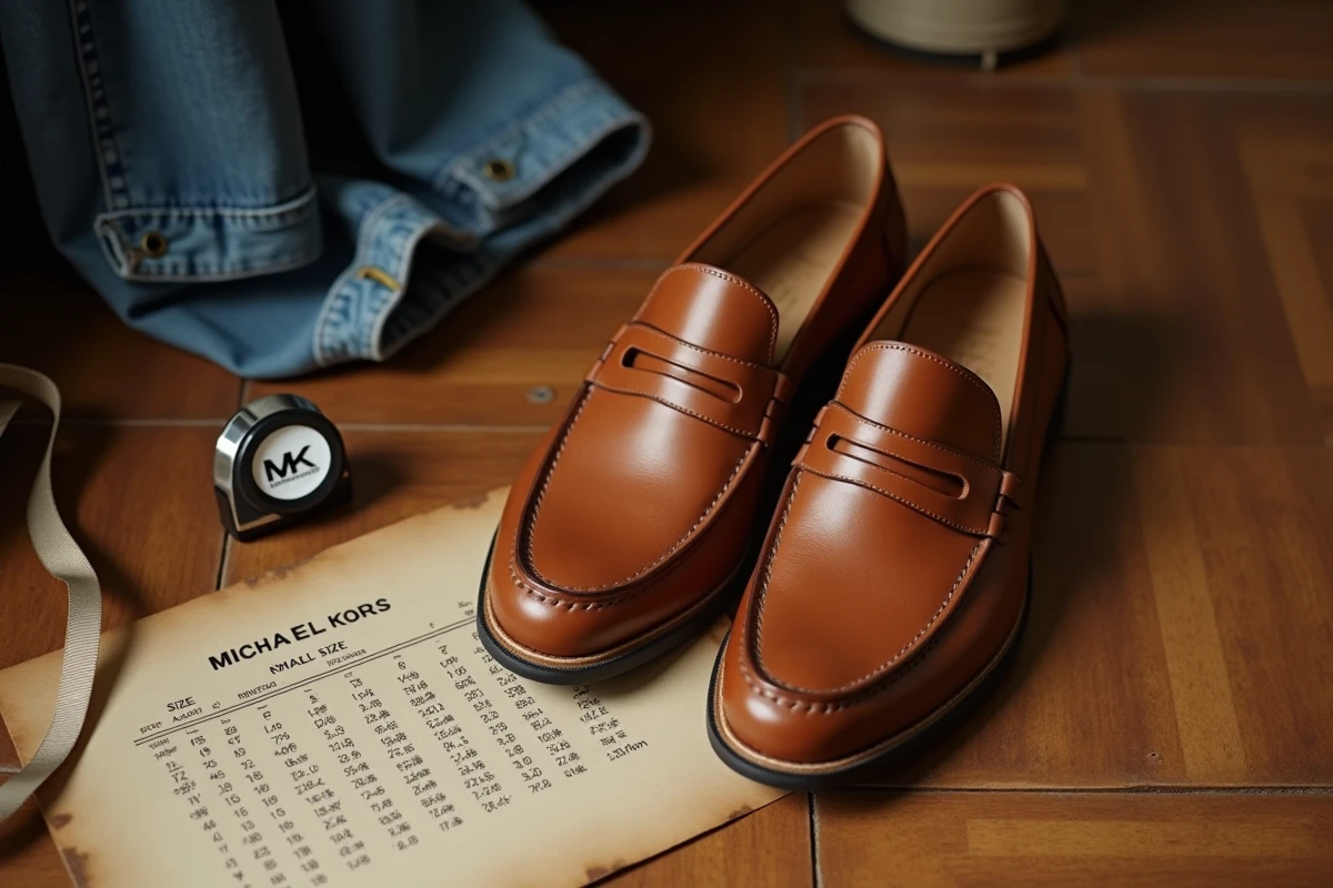Chaussures Michael Kors en cuir tan avec un mètre ruban et un tableau de conversion des pointures posés sur un parquet en bois