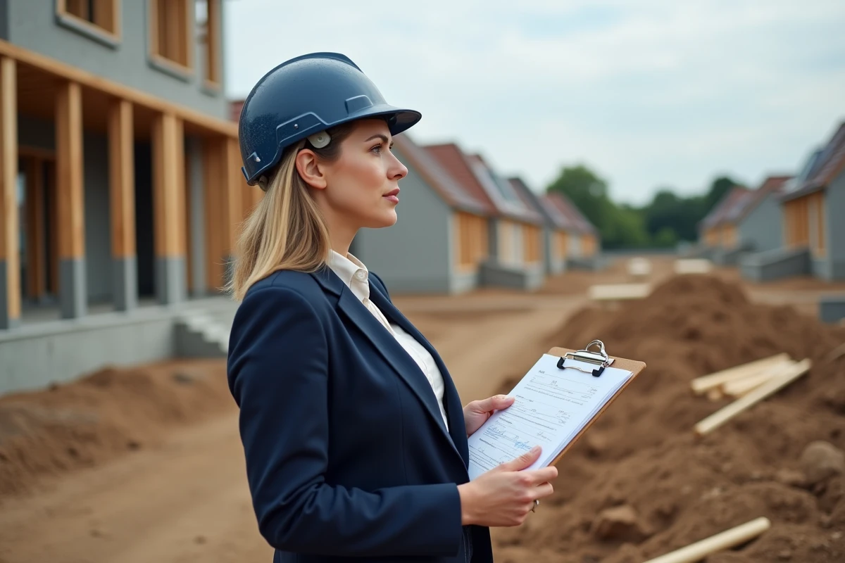 Cheffe de projet sur un chantier de construction résidentielle en France, symbolisant les grands réseaux de constructeurs de maisons individuelles