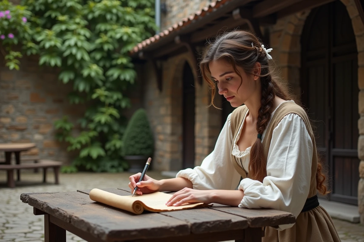 Jeune chercheuse lisant un rouleau dans une cour medievale