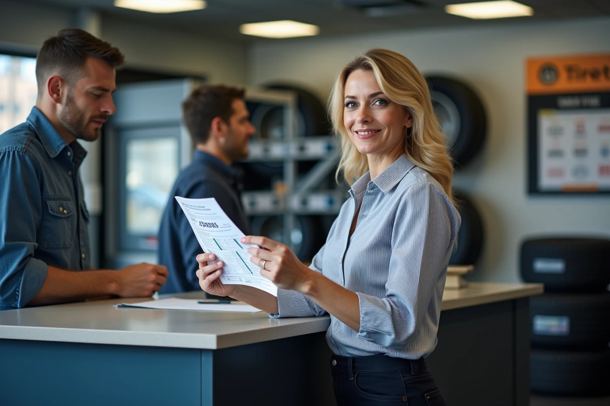 Une cliente particulier renseigne sa commande de pneus auprès d'un conseiller dans un magasin de pneumatiques