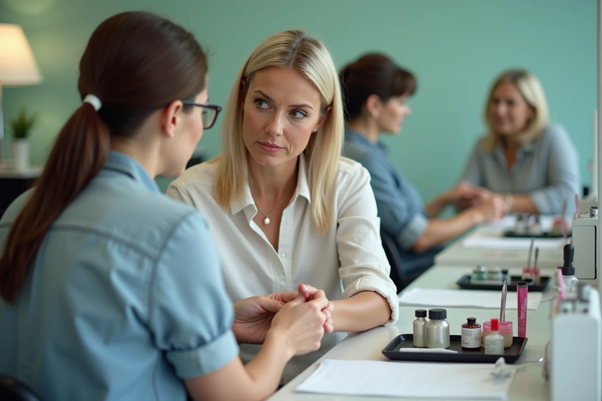 Cliente dans un salon de manucure discutant de taches blanches sur ses ongles avec une technicienne professionnelle