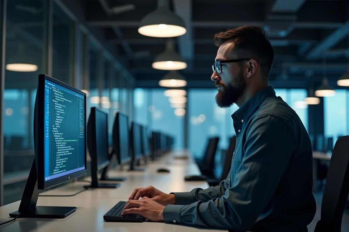 Professionnel configurant un proxy réseau et des outils de confidentialité en ligne dans un bureau moderne