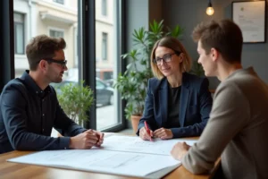 Conseillère immobilière présentant des plans et documents à un couple lors d'une réunion dans une agence immobilière moderne
