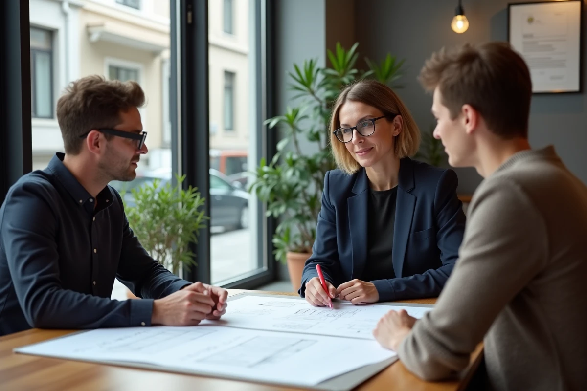 Conseillère immobilière présentant des plans et documents à un couple lors d'une réunion dans une agence immobilière moderne