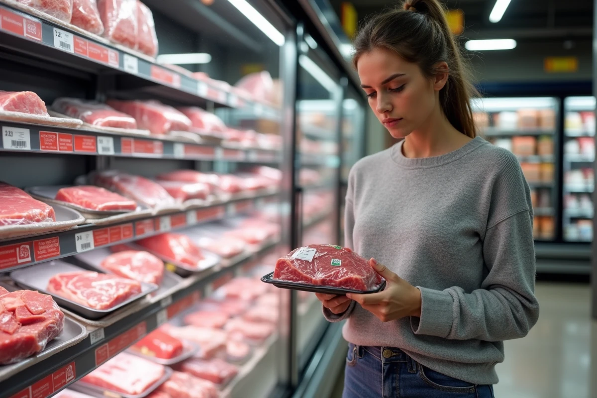 Femme lisant l'étiquette d'origine sur un emballage de viande bovine dans le rayon boucherie d'un supermarché Lidl
