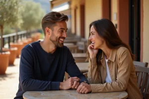 Couple de jeunes adultes partageant un moment complice en terrasse méditerranéenne, illustrant une histoire d'amour loin des circuits de MotoGP