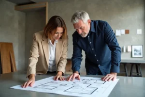 Couple de professionnels étudiant des plans architecturaux pour un projet immobilier dans un appartement en rénovation