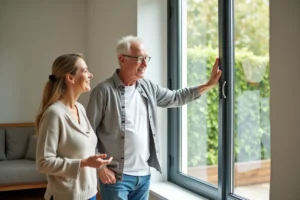 Couple examinant une nouvelle fenêtre à double vitrage dans leur salon rénové pour bénéficier de la déduction fiscale