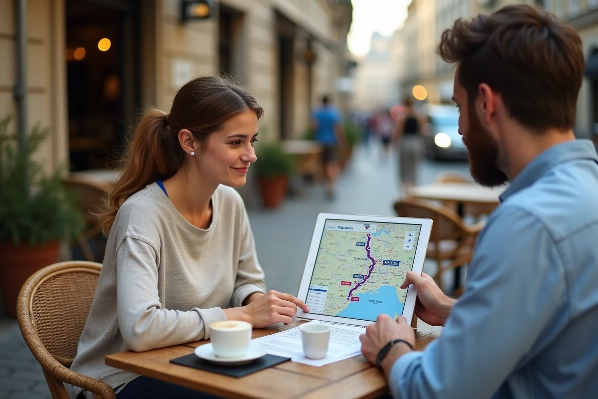 Couple en train de planifier un voyage en Europe avec ViaMichelin sur tablette dans un café