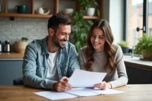 Couple souriant en cuisine lors d'une réunion de documents