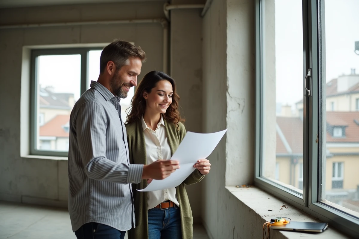Couple étudiant un plan d'appartement dans un espace vide en cours de visite, dans le cadre d'un projet immobilier en cours