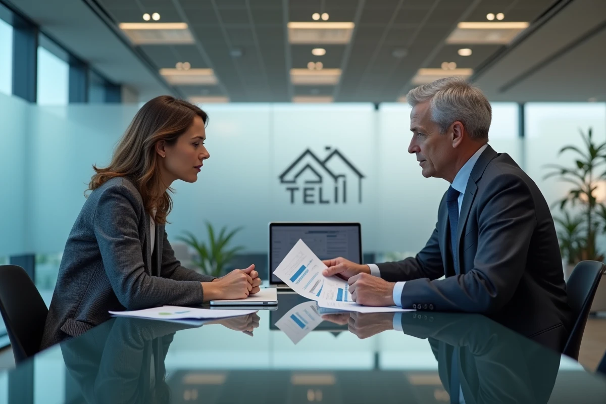 Deux dirigeants d'entreprise analysant des données de marché immobilier en salle de réunion, évoquant la concurrence entre les grands constructeurs de maisons en France