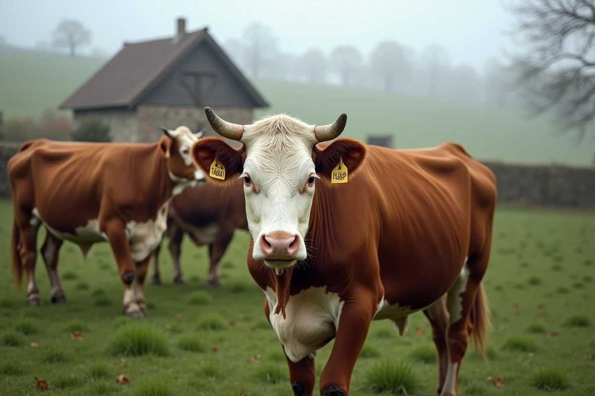 Troupeau de bovins Limousin dans un pré français avec boucle d'identification auriculaire jaune visible pour la traçabilité de l'élevage