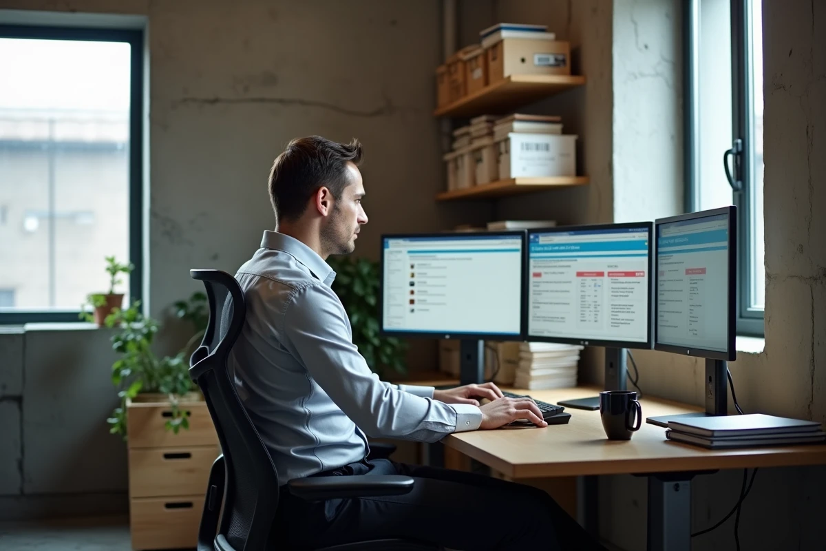 Employé travaillant sur un logiciel de classification et d'archivage de documents numériques arkévia à son poste de travail