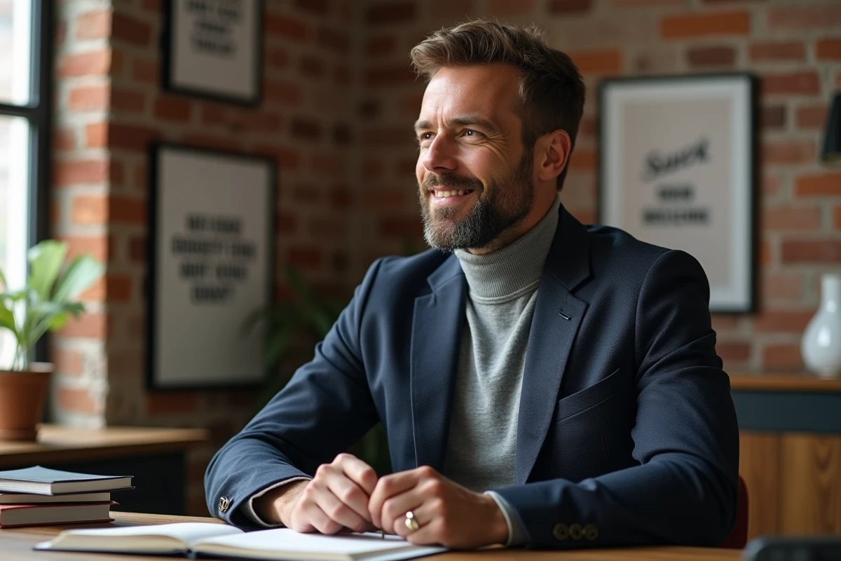 Entrepreneur à succès en blazer marine pensif dans un bureau à domicile avec murs en briques apparentes