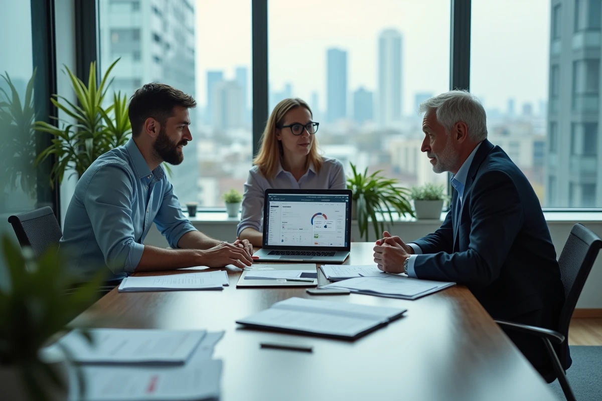 Équipe professionnelle en réunion autour de documents physiques et numériques pour optimiser la gestion documentaire en entreprise