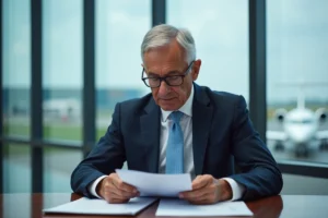 Dirigeant en costume dans un bureau moderne avec vue sur l'usine Dassault