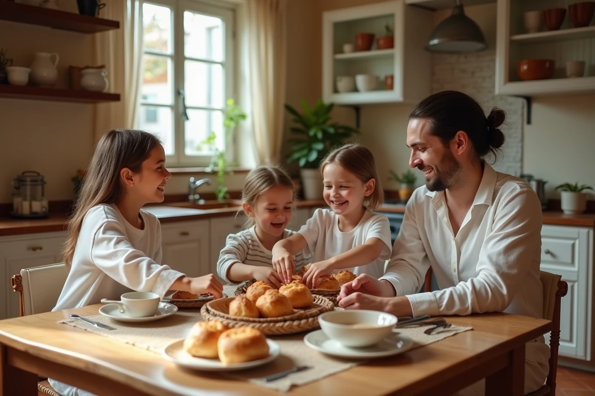 Famille réunie autour d'une table en bois pour un petit-déjeuner convivial dans une cuisine chaleureuse