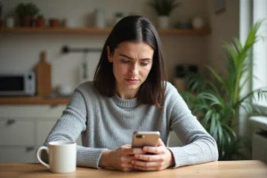 Femme cherchant un rendez-vous médical disponible sur Doctolib depuis son smartphone à la maison