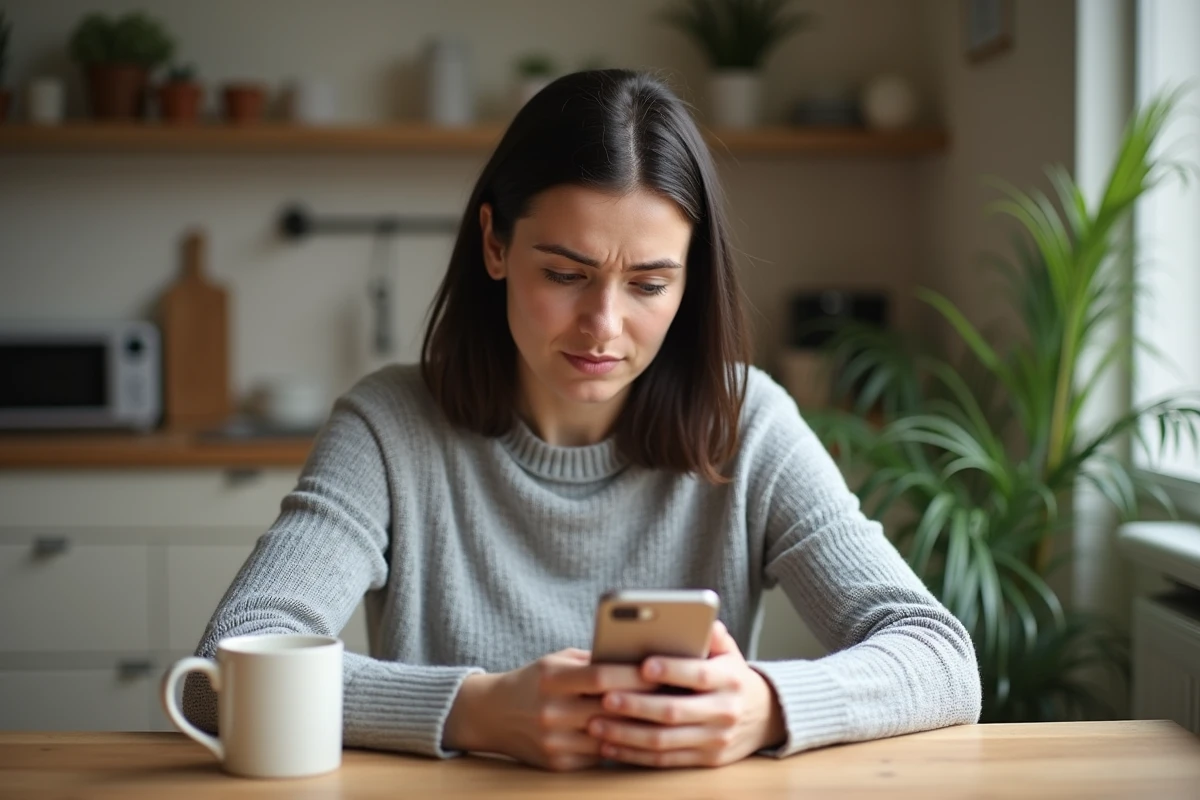 Femme cherchant un rendez-vous médical disponible sur Doctolib depuis son smartphone à la maison