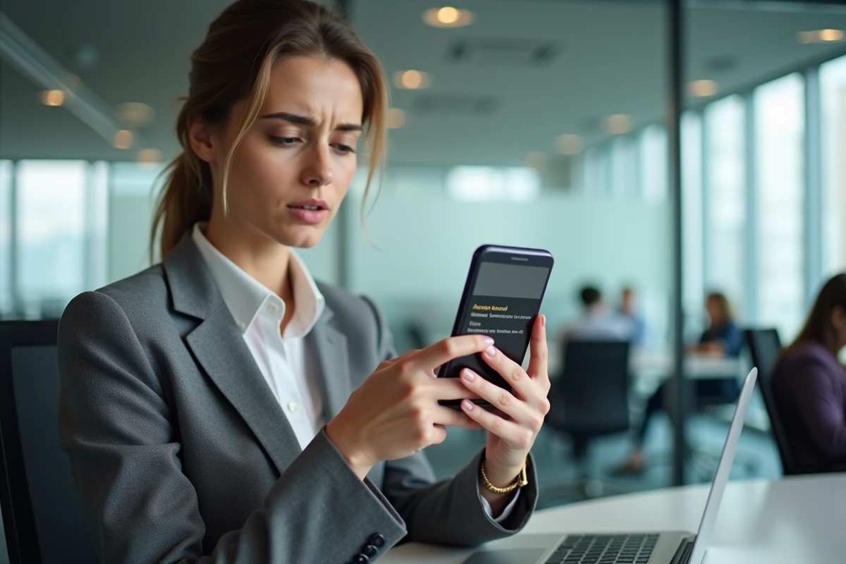 Femme professionnelle consultant son application boursière bloquée sur smartphone dans un bureau en open space