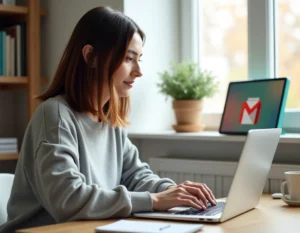 Femme créant une adresse Gmail sur son ordinateur portable dans un bureau à domicile lumineux