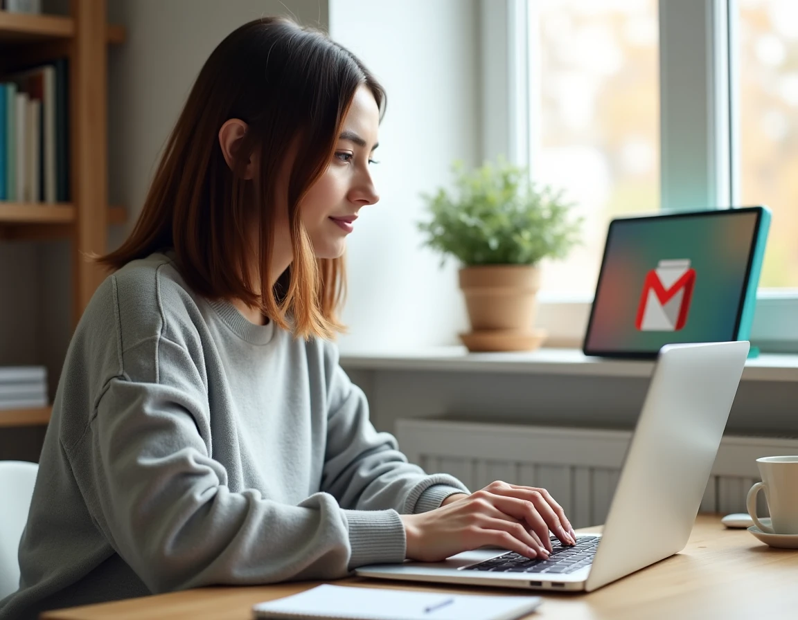 Femme créant une adresse Gmail sur son ordinateur portable dans un bureau à domicile lumineux