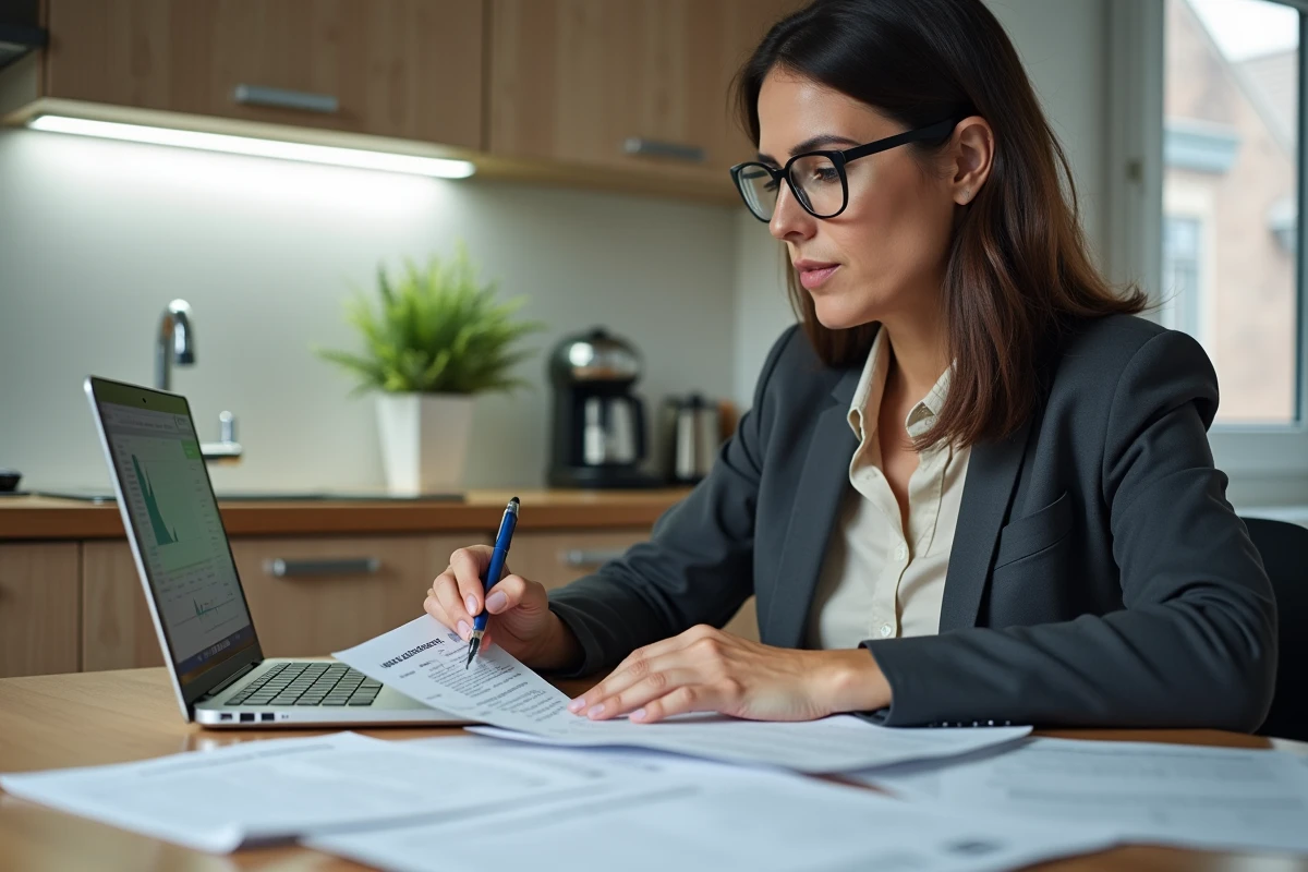 Femme consultant des documents fiscaux et des factures de remplacement de fenêtres pour optimiser sa déduction d'impôt