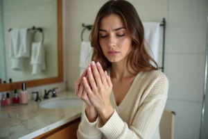 Femme examinant ses ongles avec des taches blanches après retrait du vernis, assise à une coiffeuse en bois