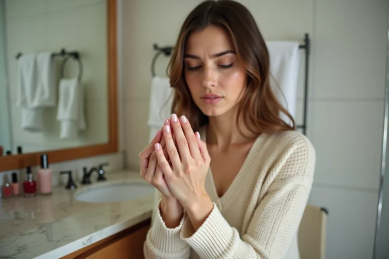Femme examinant ses ongles avec des taches blanches après retrait du vernis, assise à une coiffeuse en bois