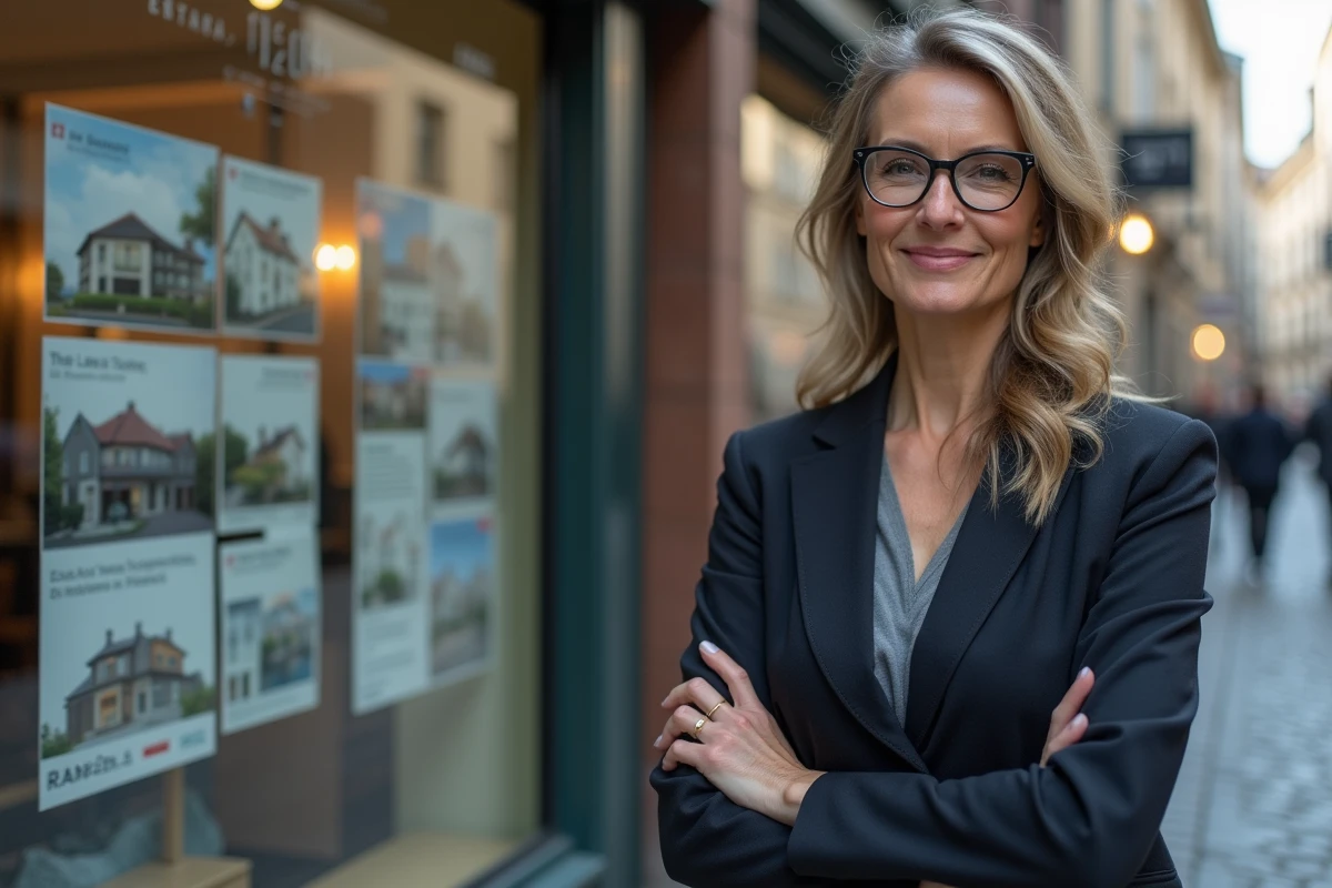 Femme professionnelle devant une vitrine immobiliere en ville