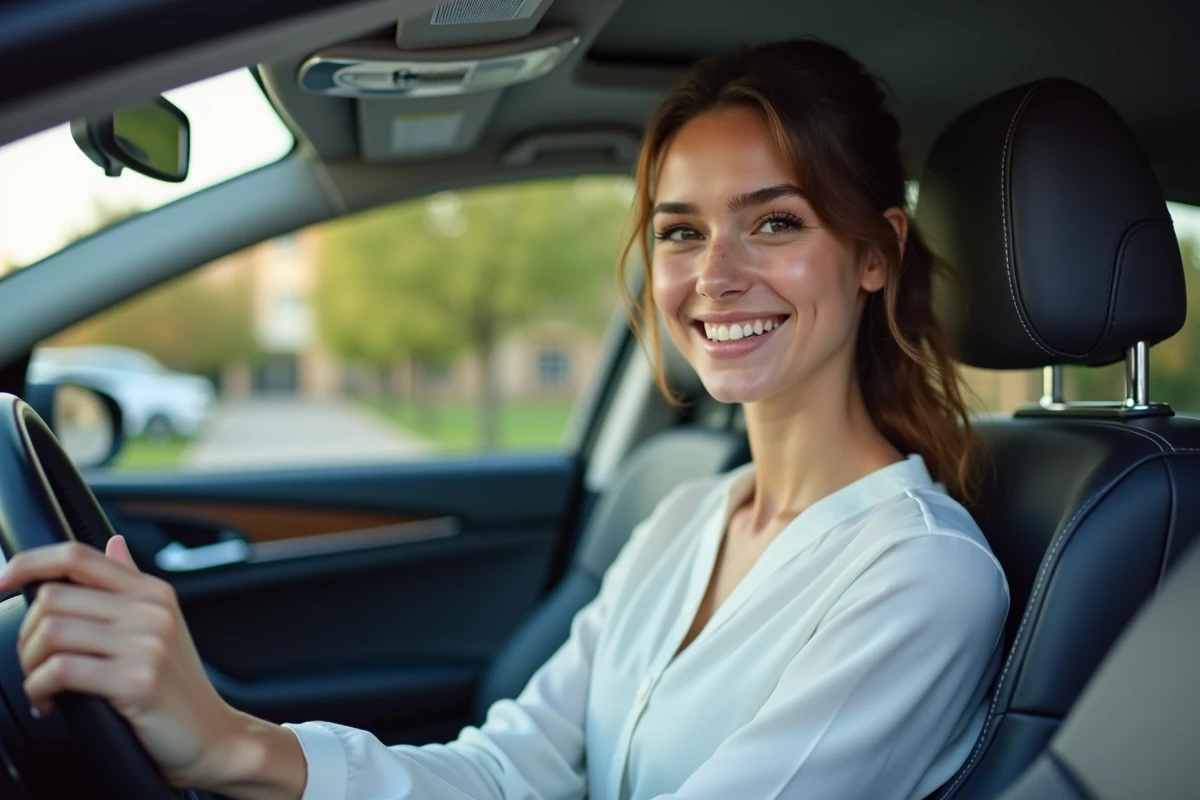 Femme souriante dans l habitacle d une voiture