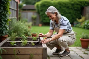 Femme jardinière plantant des semis dans un carré de jardin en bois entouré de pots en terre cuite