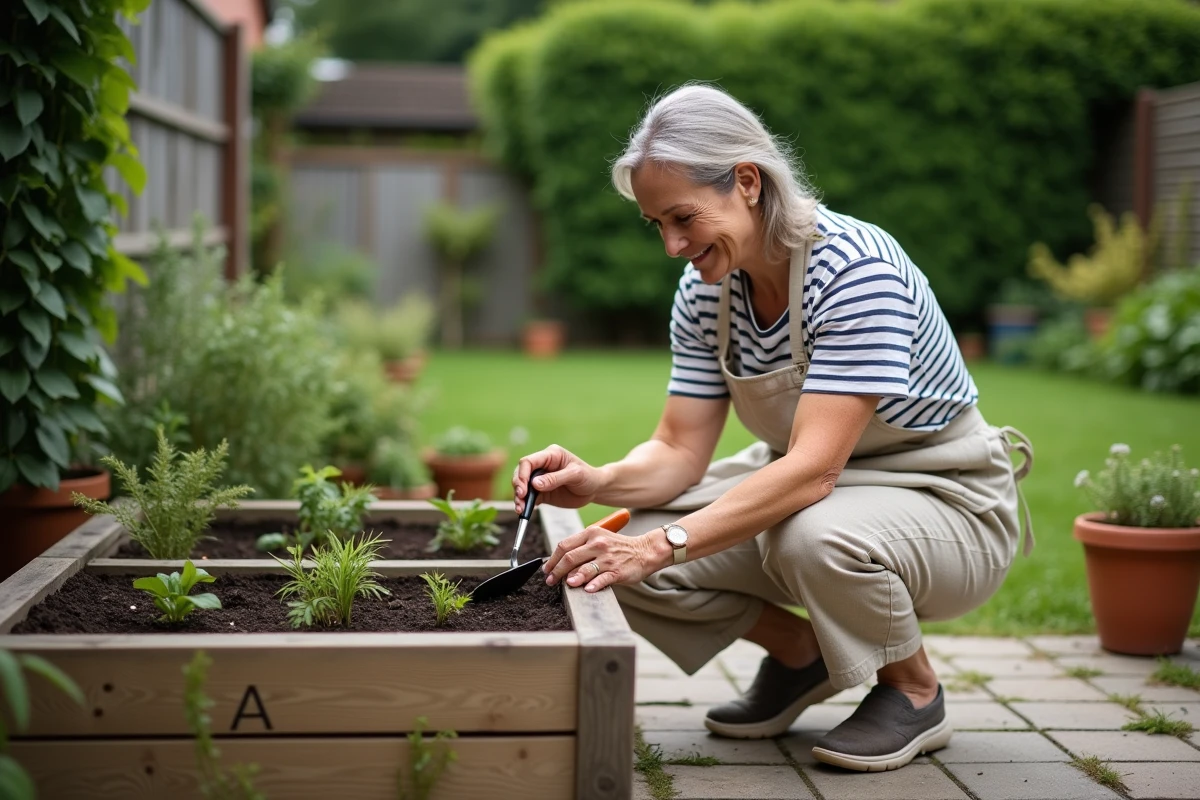 Femme jardinière plantant des semis dans un carré de jardin en bois entouré de pots en terre cuite