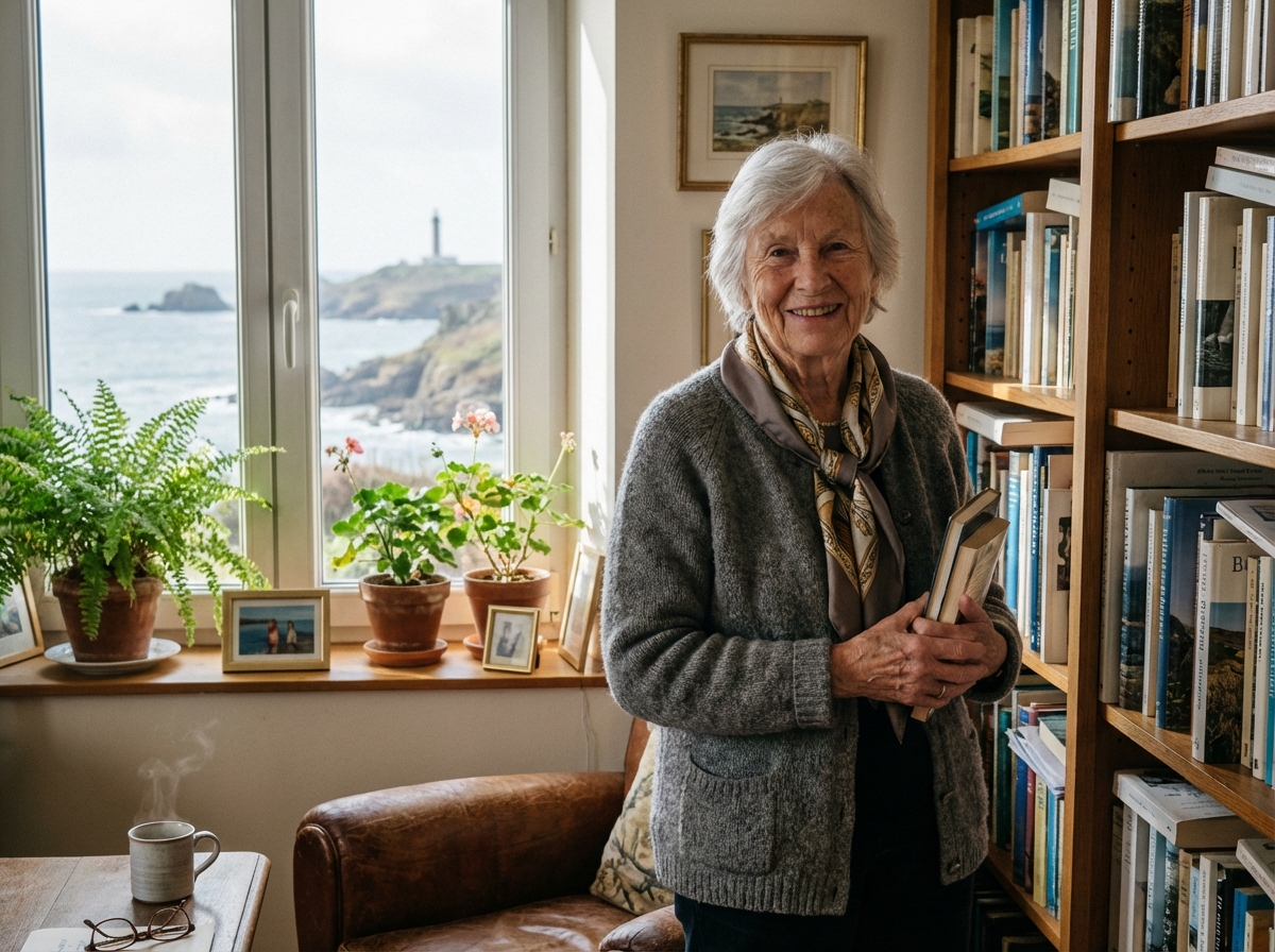 Femme âgée souriante arrangeant des livres chez elle