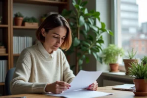 Femme lisant des papiers dans un appartement cosy
