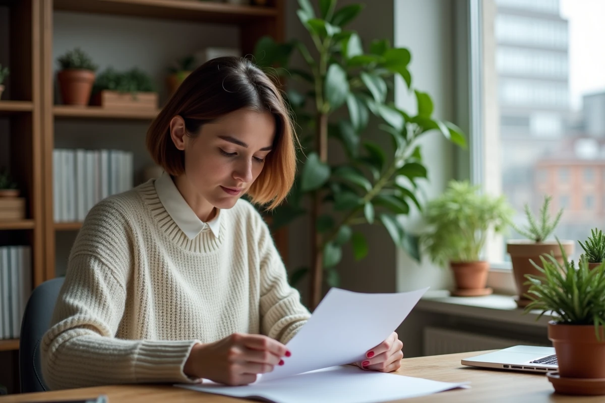 Femme lisant des papiers dans un appartement cosy