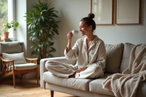 Femme en tenue naturelle sirotant du thé dans un salon chaleureux