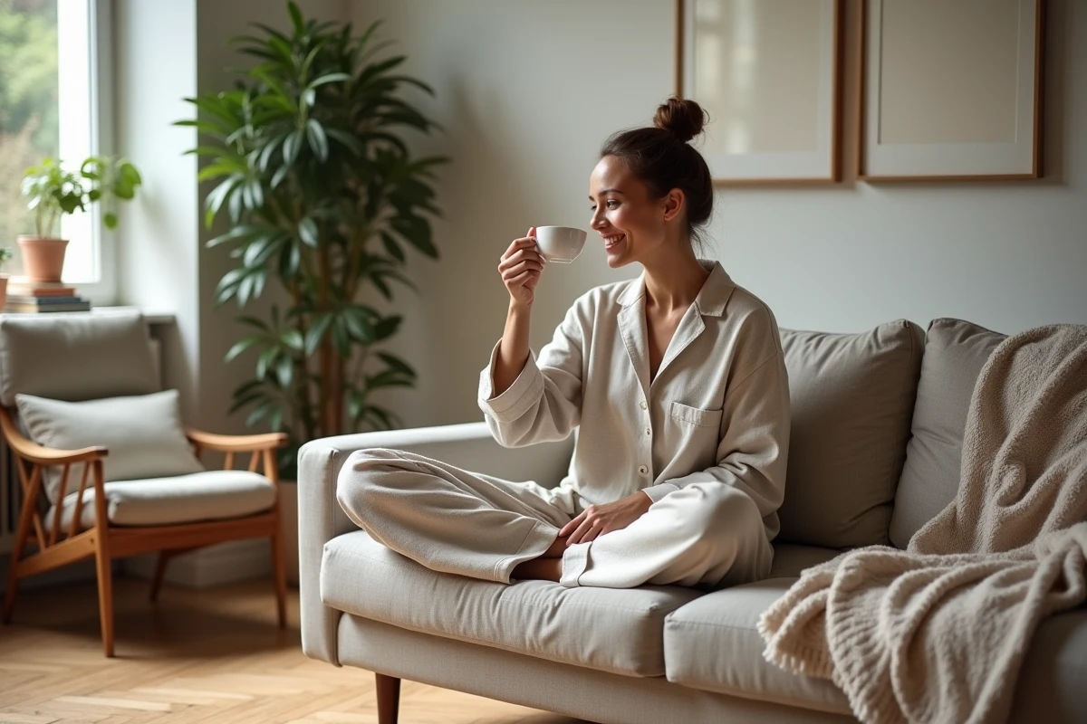 Femme en tenue naturelle sirotant du thé dans un salon chaleureux